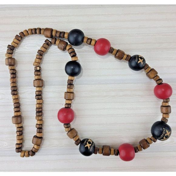 DOS EQUIS XX CERVEZA Wood Bead Necklace Beer MARDI GRAS Boho 30" Length - Picture 3 of 5